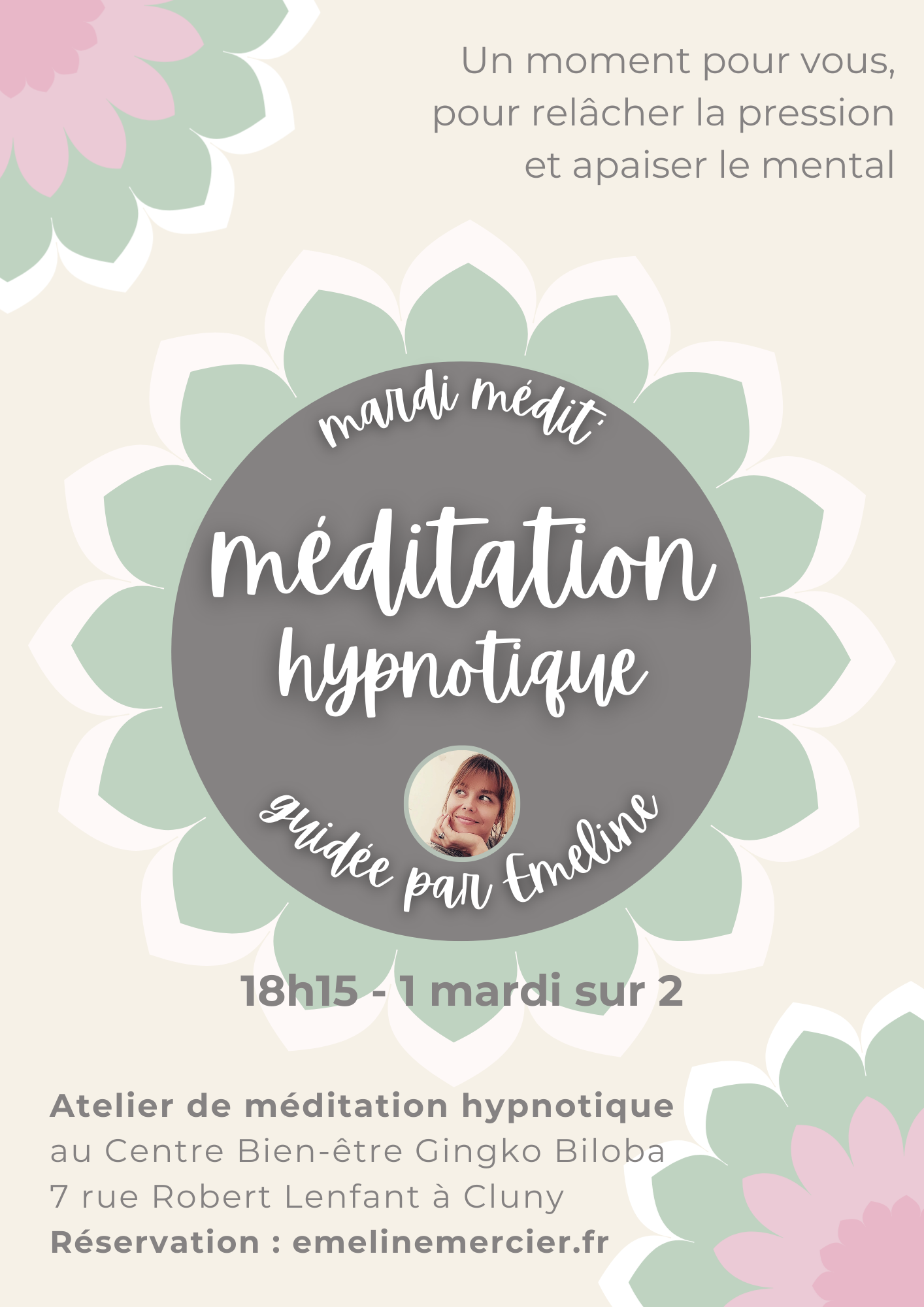Flyer ateliers de méditation à Cluny, Centre Ginkgo Biloba